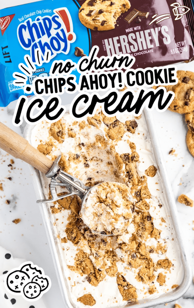 overhead shot of a dish of no churn ice cream chips ahoy topped with crushed chips ahoy