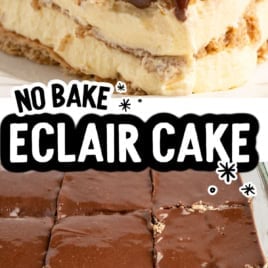 A creamy, no-bake Eclair Cake recipe is being sliced in a glass dish, revealing layers beneath a rich chocolate topping. Text overlays read No Bake Eclair Cake and vintage recipe! with playful graphics, making this classic Eclair Cake an irresistible dessert centerpiece.