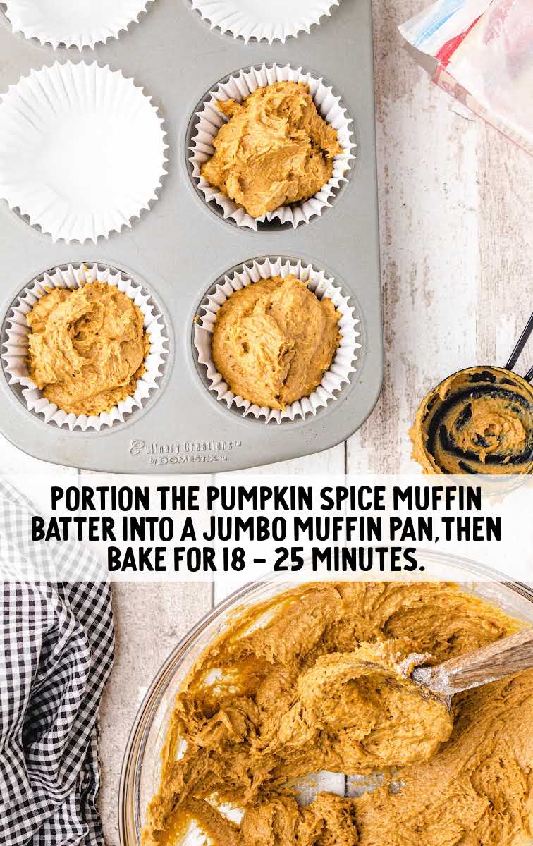 2-ingredient Pumpkin Spice Muffins process shot of muffin pan being filled with pumpkin spice muffin batter