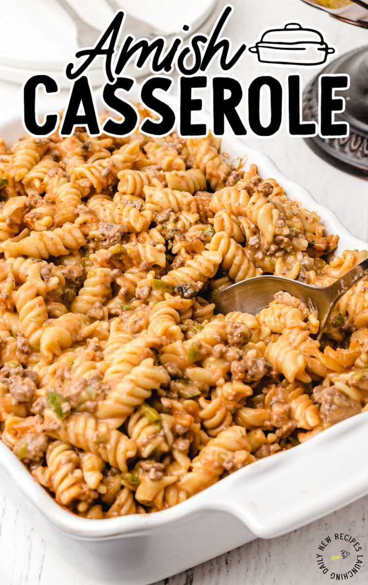 close up shot of amish casserole in a baking dish