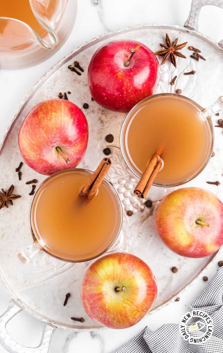 close up overhead shot of glasses of Apple Cider with cinnamon sticks and apples on the side