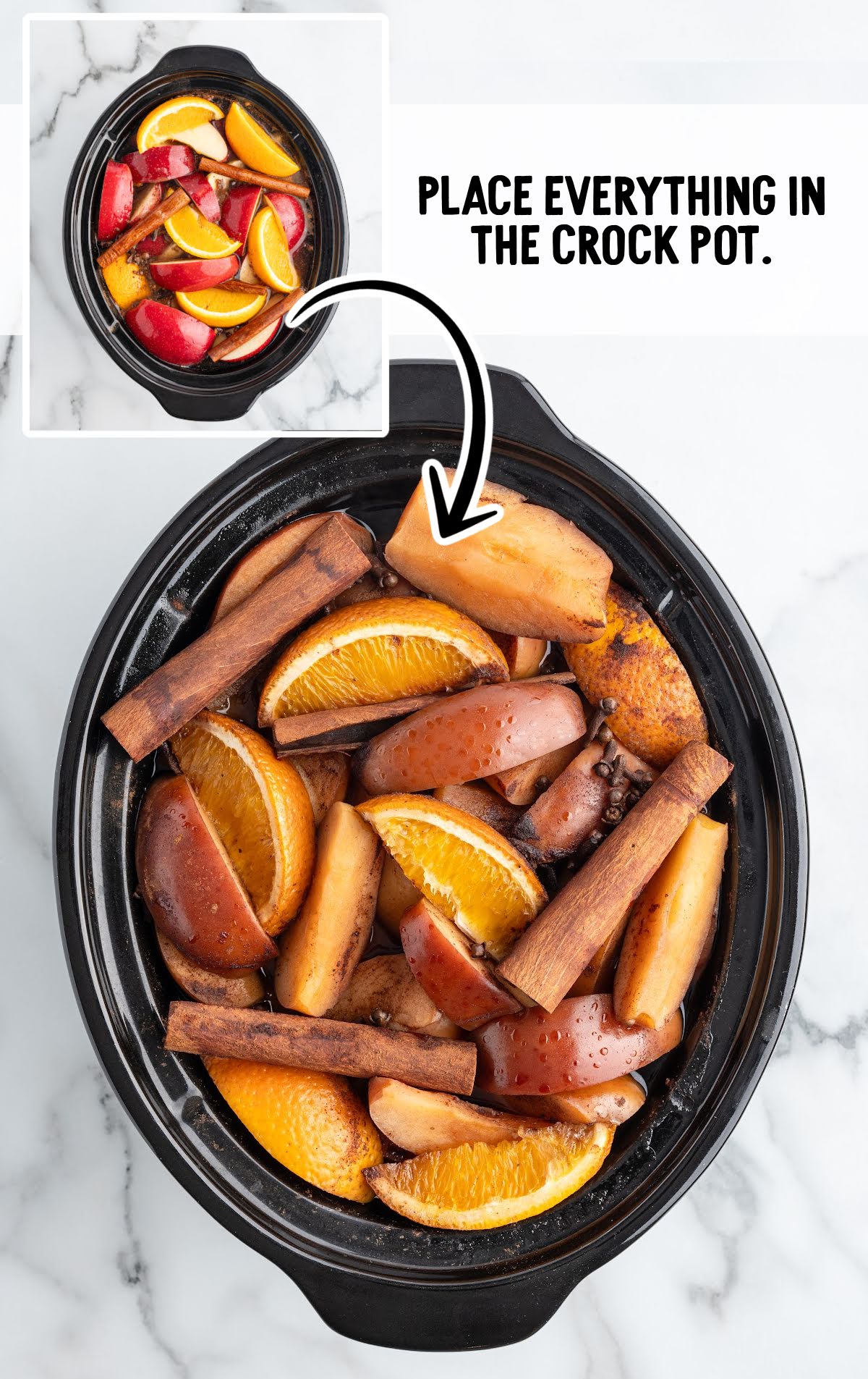 Step showing apples and oranges added to a crockpot for apple cider before cooking.