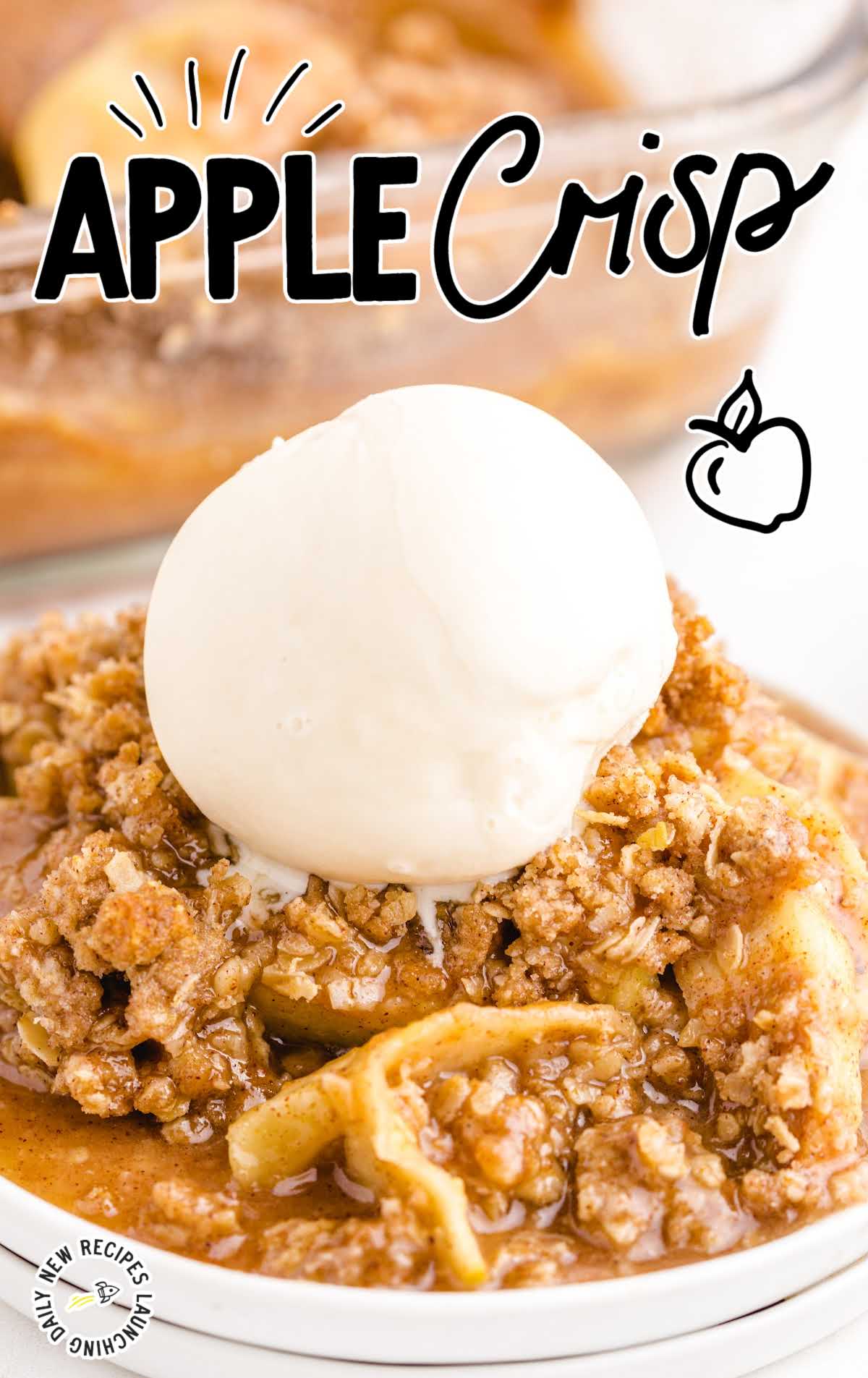 close up shot of a serving of apple crisp topped with a scoop of vanilla ice cream on a plate