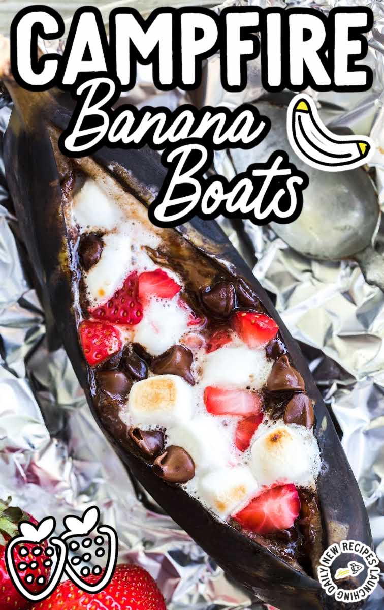 close up shot of campfire banana boats with a spoon on aluminum foil