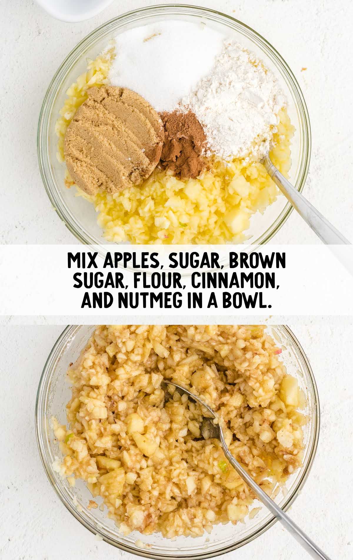 apples, sugar, brown sugar, flour, cinnamon, and nutmeg mixed in a bowl
