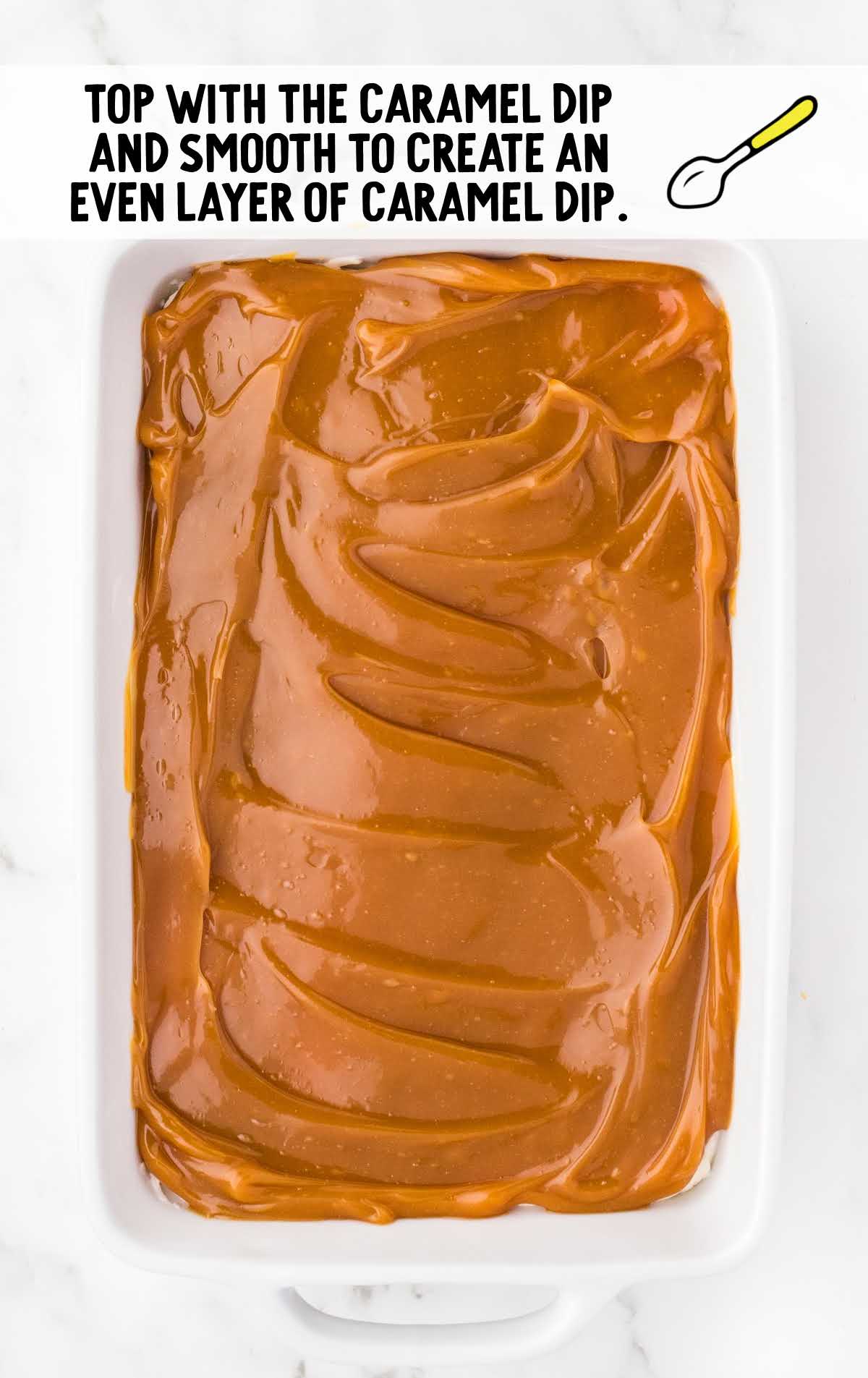 caramel poured over the cream cheese base