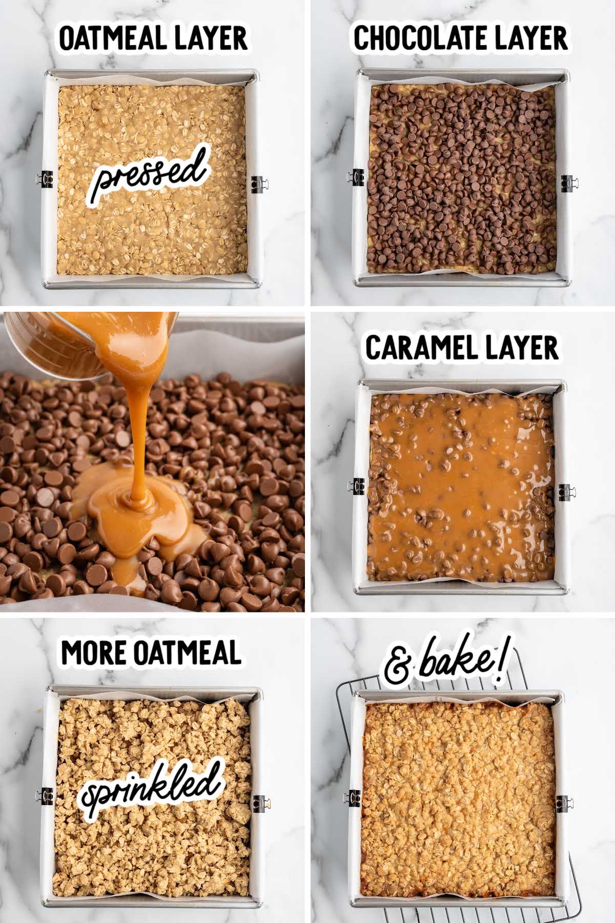 Step-by-step process shots showing oatmeal layer, chocolate chips, caramel layer, more oats, and baked Carmelitas.