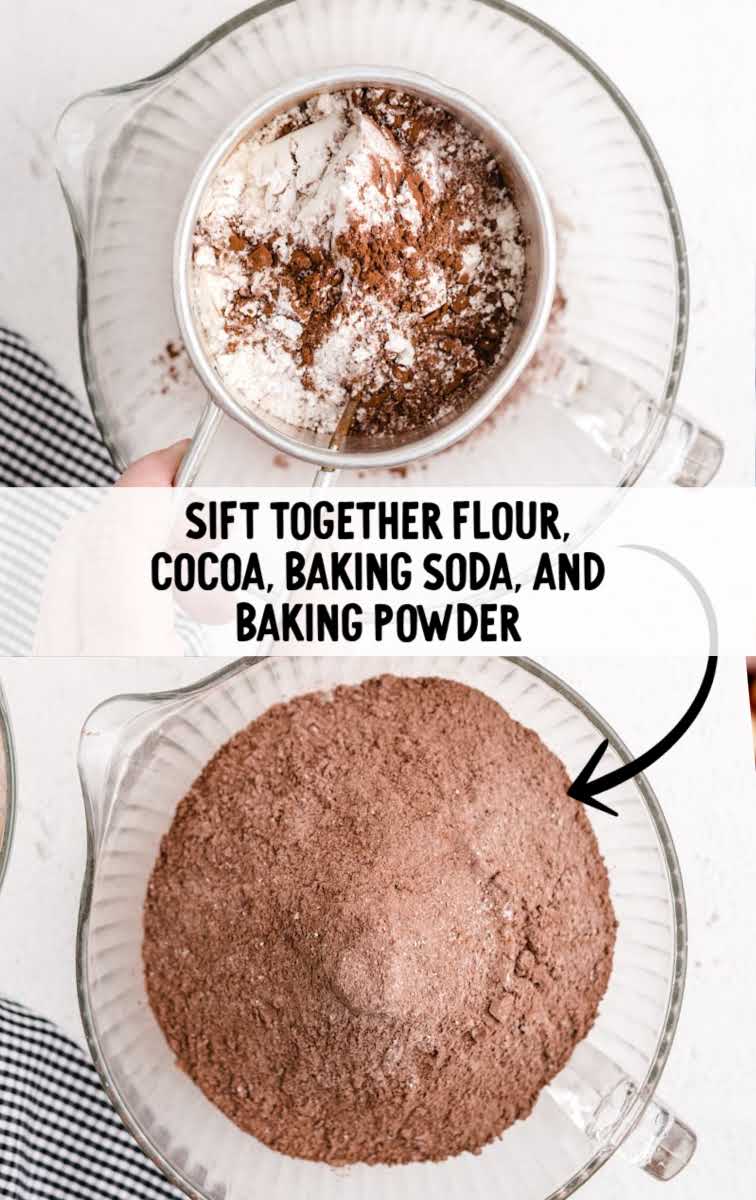 flour, cocoa, baking soda, and baking powder being mixed together in a pitcher