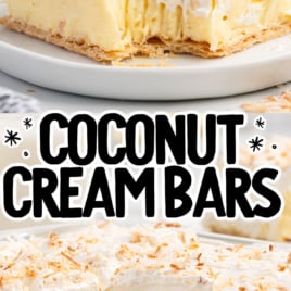 A slice of coconut cream bar with a flaky crust, creamy filling, and whipped topping, sprinkled with toasted coconut; text reads Coconut Cream Bars Recipe and vintage recipe.