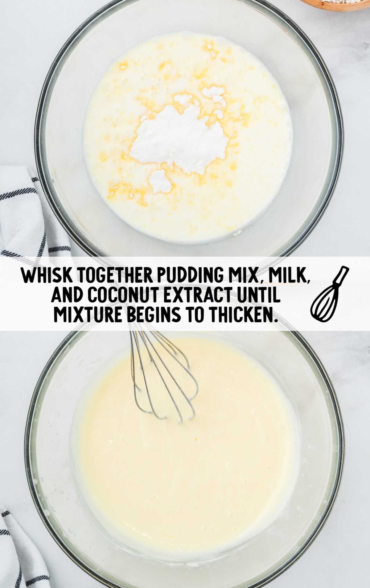 pudding mix, milk, and coconut extract whisked together in a bowl