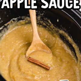 close up shot of applesauce in a crockpot with a spoon
