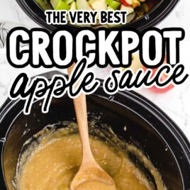 close up shot of applesauce in a crockpot with a spoon
