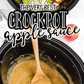 close up shot of crockpot applesauce ingredients in a crockpot and crockpot applesauce in a crockpot with a cinnamon stick