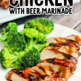 a plate of grilled chicken topped with beer marinade topped with bbq sauce and served with a side of broccoli