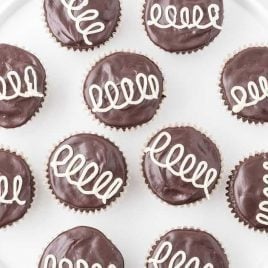 close up overhead shot of Hostess Cupcakes on a plate