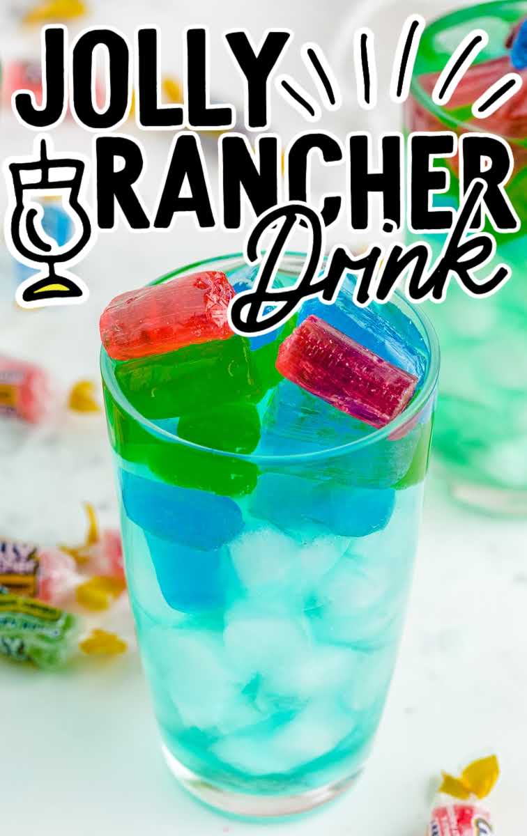 close up shot of a glass of Jolly rancher drink with ice and jolly ranchers