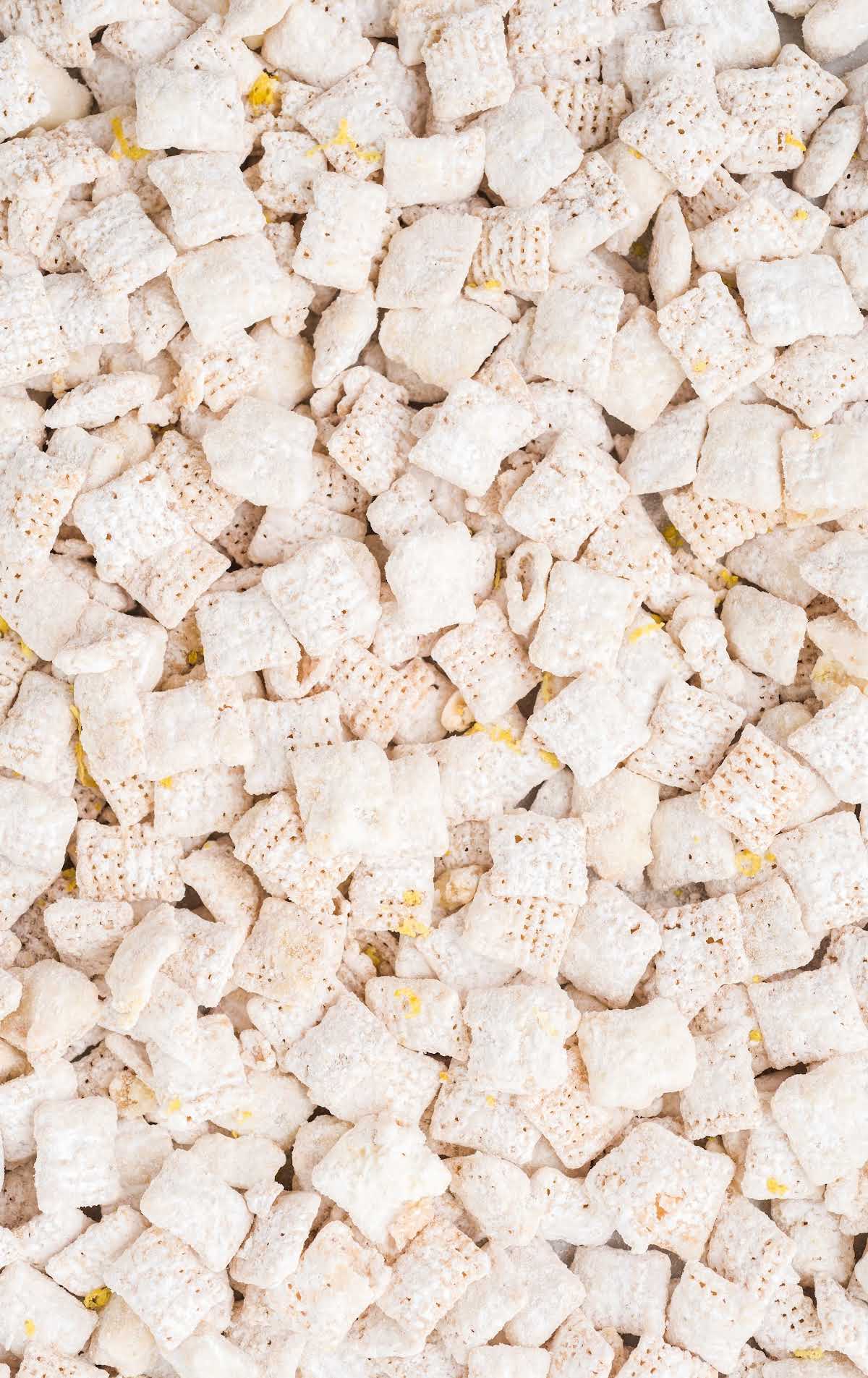 close up overhead shot of a bunch of lemon puppy chow