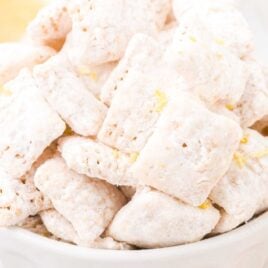close up shot of a bowl of lemon puppy chow