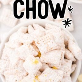 close up overhead shot of a bowl of lemon puppy chow
