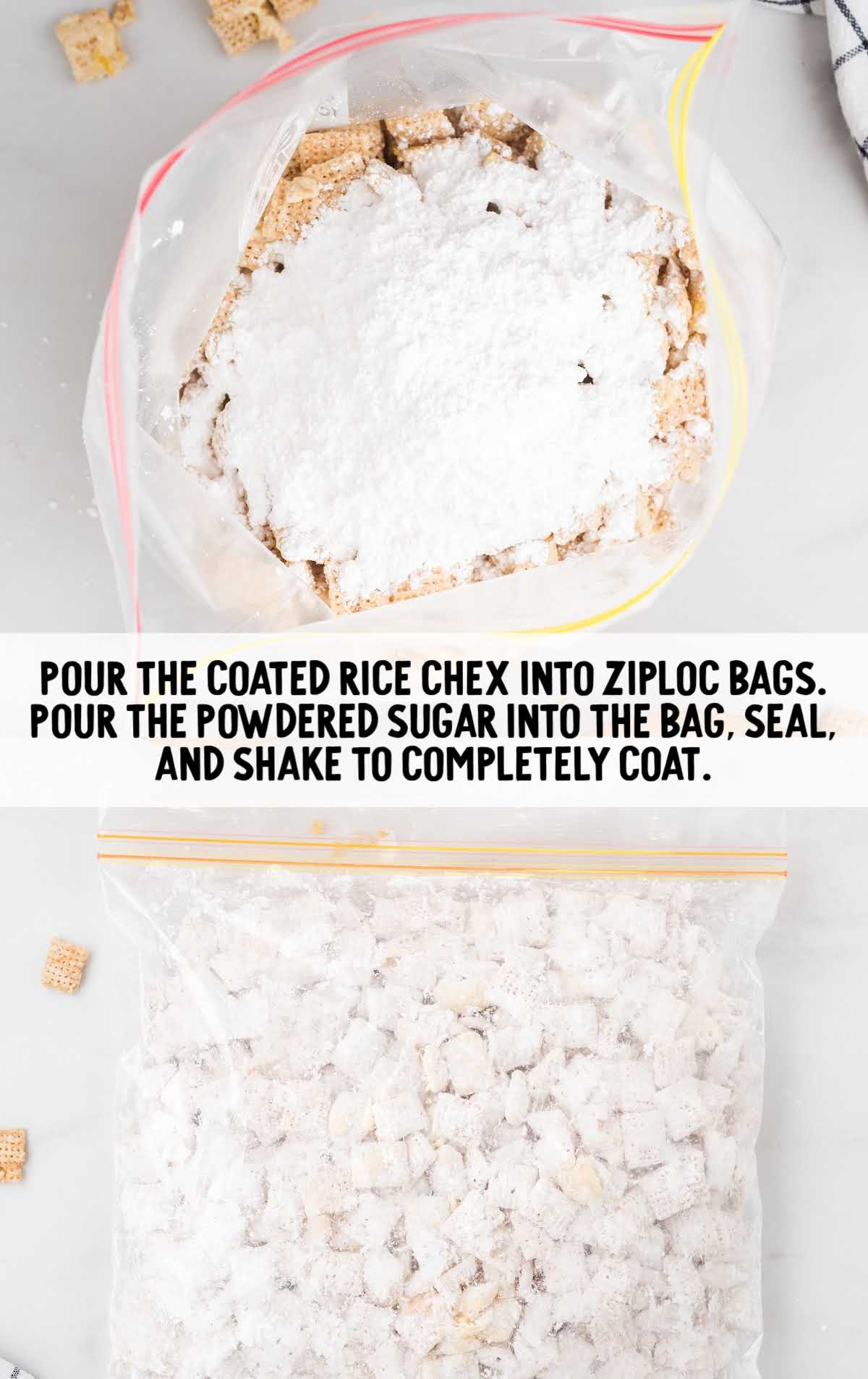 rice Chex in a ziploc bagging coated with powdered sugar