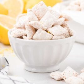 close up shot of a bowl of lemon puppy chow