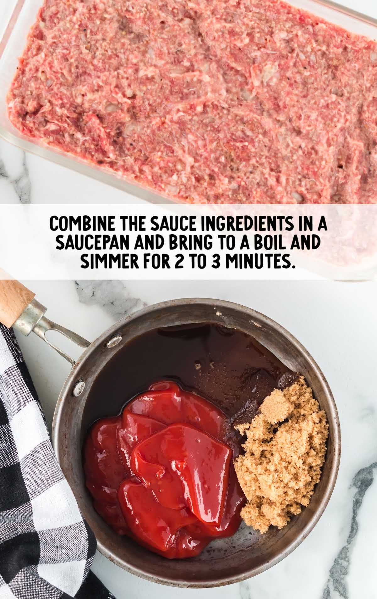meatloaf in a baking dish and sauce ingredients being combined in a saucepan