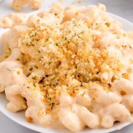 close up shot of a serving of Million Dollar Mac and Cheese on a plate