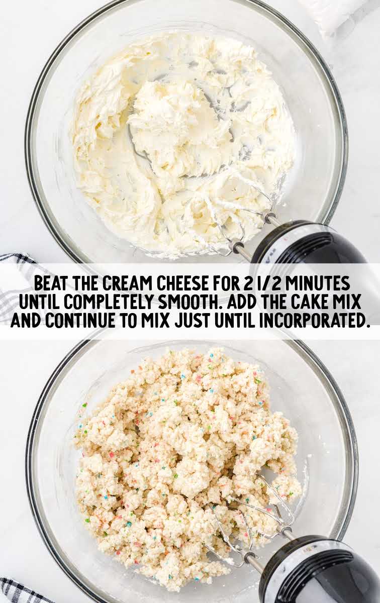 cream cheese and cake mix blended together in a bowl