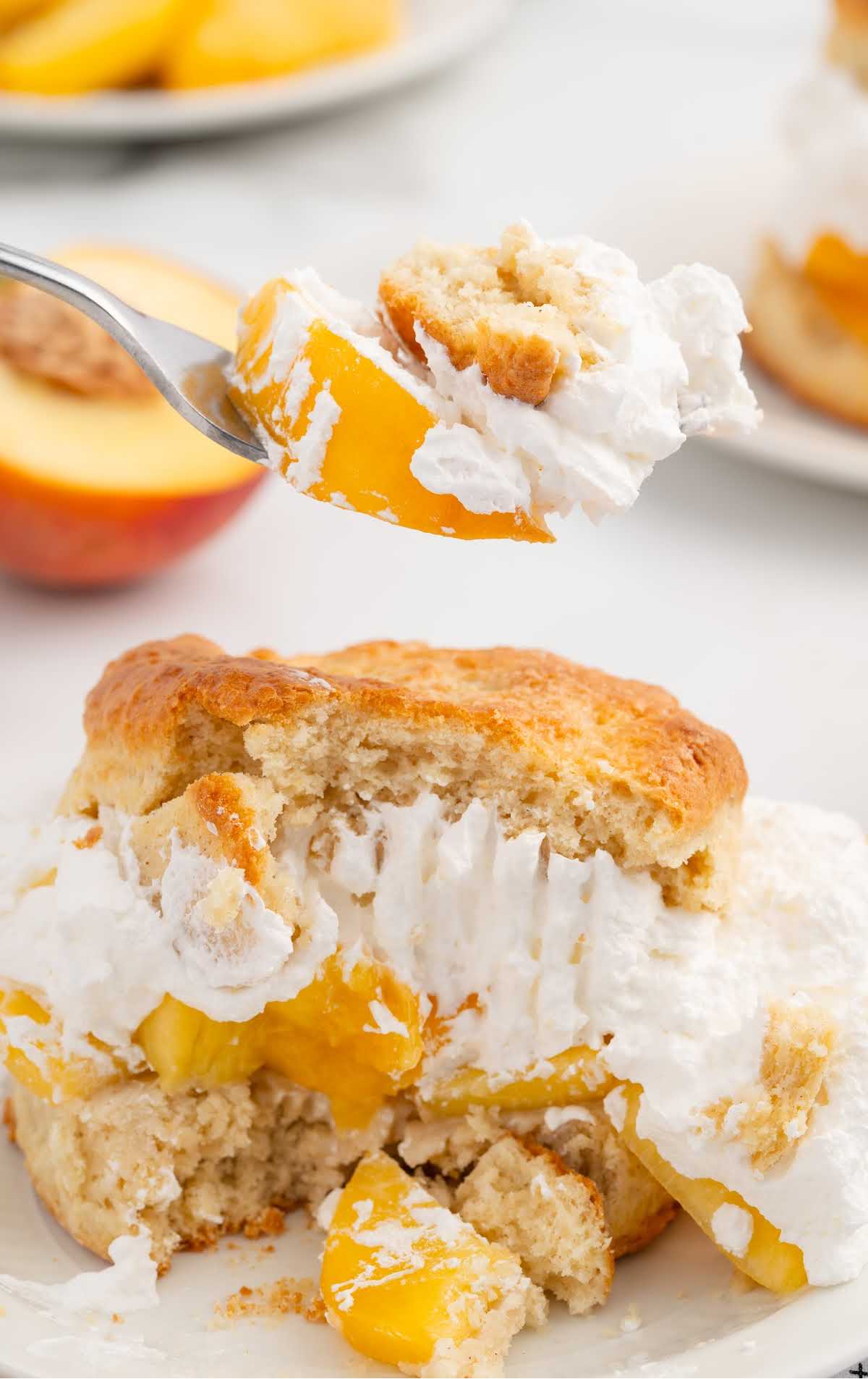 a plate of Peach Shortcake with a fork