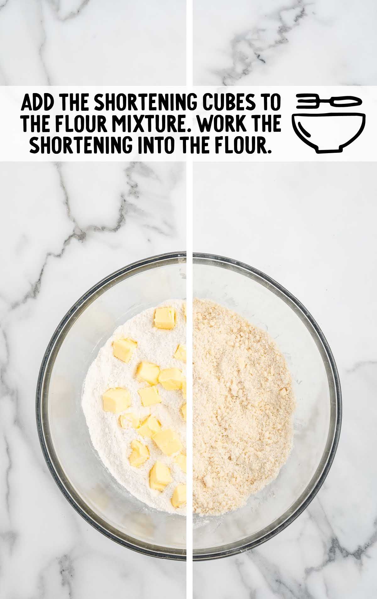 shortening cubes combined into the flour mixture in a bowl