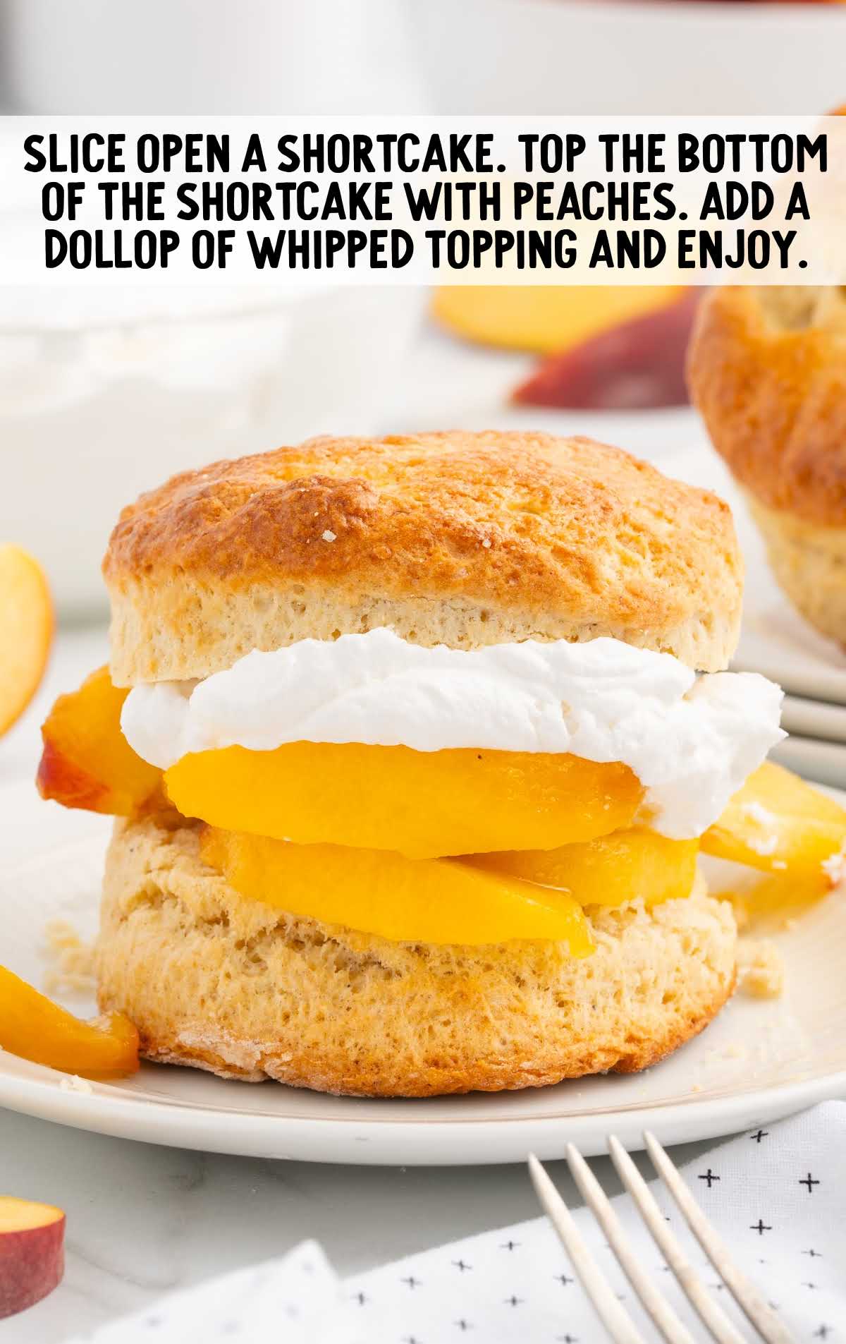 peach shortcake with whipped topping in the middle