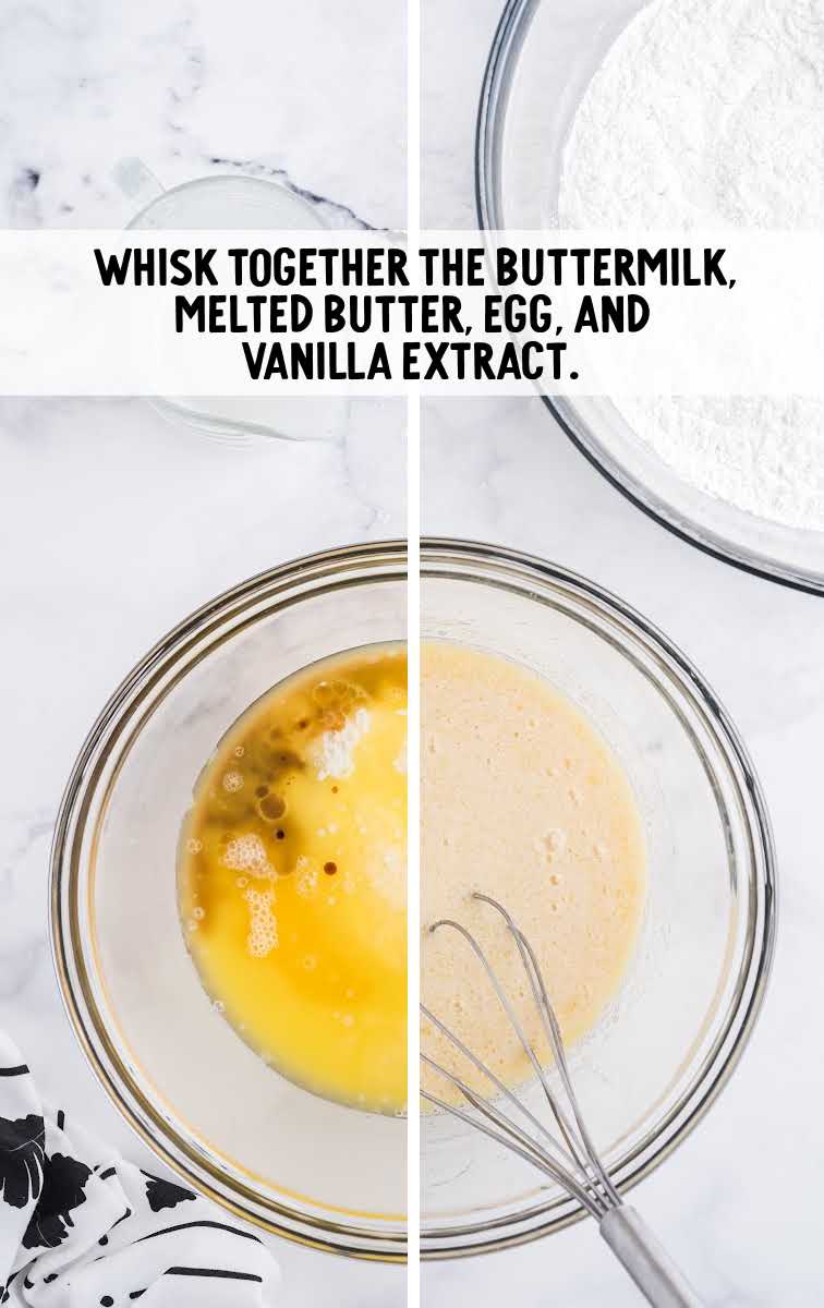 buttermilk, butter, egg, and vanilla extract whisked together in a bowl