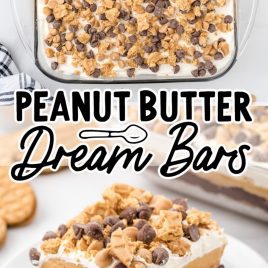 slice of peanut butter dream bar and in serving dish