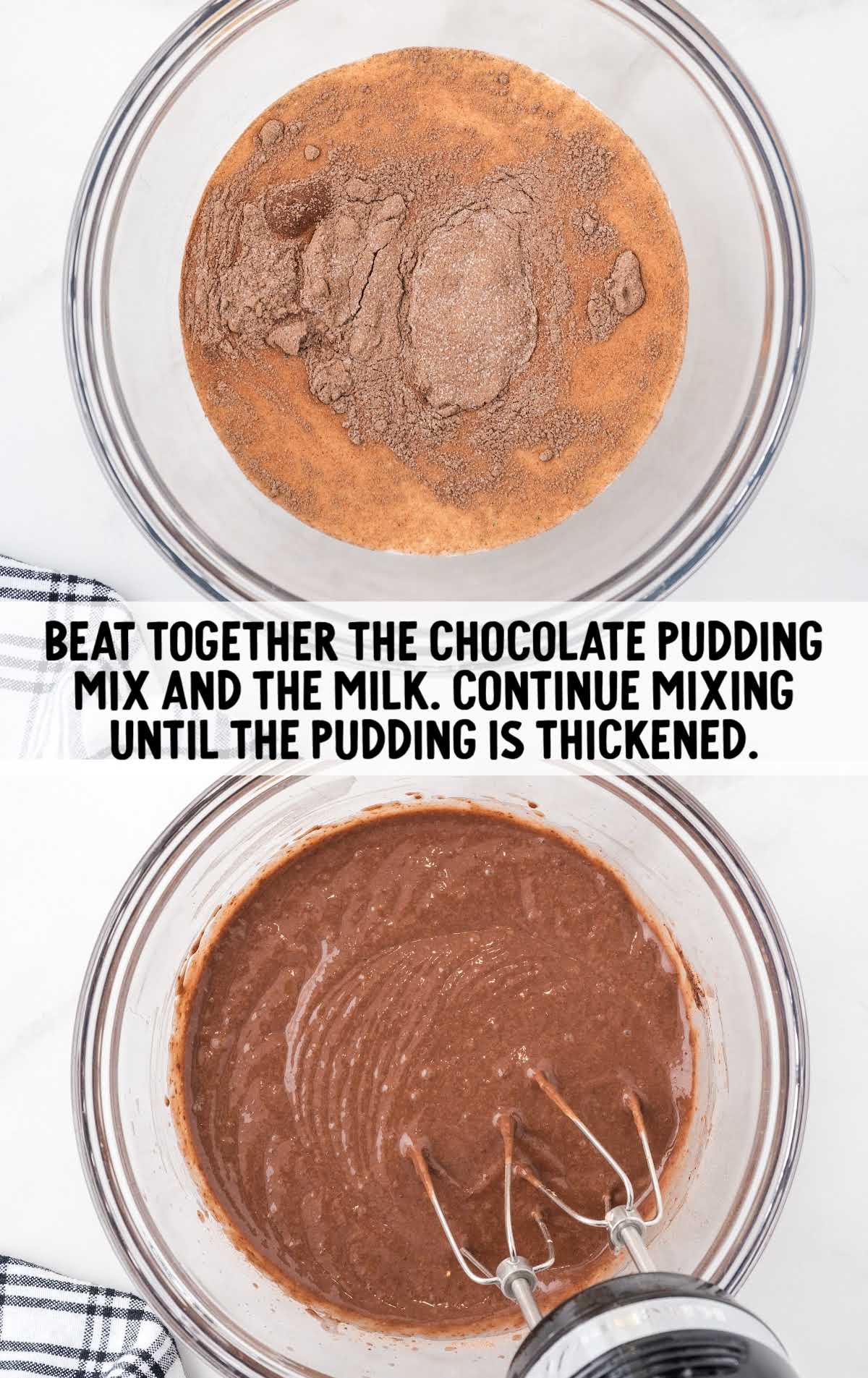 chocolate pudding mix and milk combined in a bowl