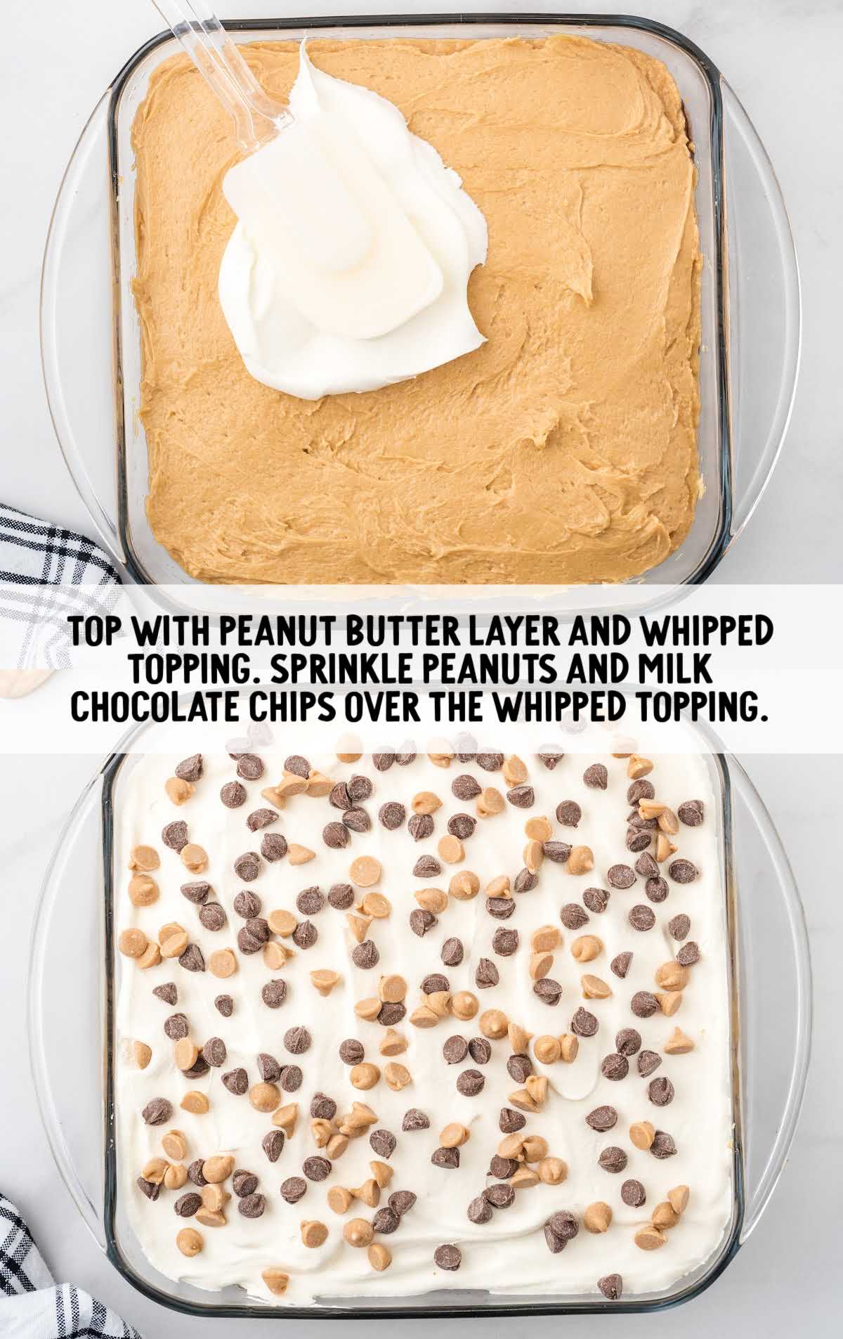 peanut butter layer topped with whipped cream and chocolate chips