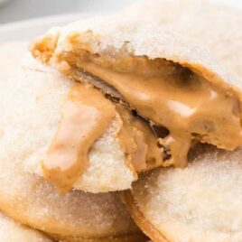close up shot of Peanut Butter Lava Cookies stacked on top of each other