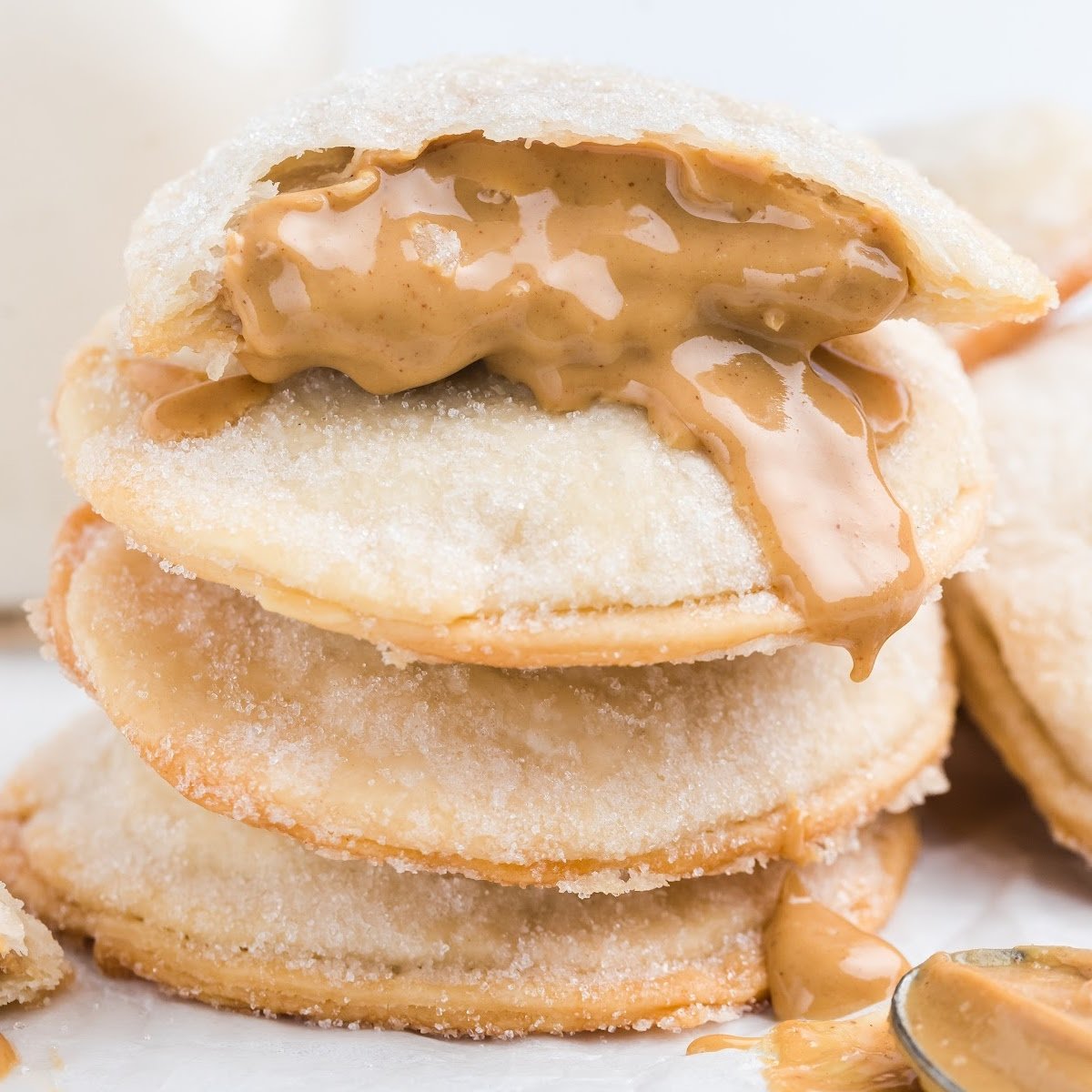 close up shot of Peanut Butter Lava Cookies stacked on top of each other