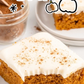 a slice of pumpkin bar sprinkled with cinnamon on a plate