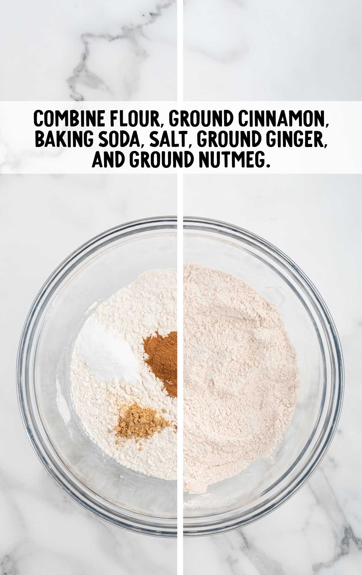 all-purpose flour, ground cinnamon, baking soda, salt, ground ginger, and ground nutmeg combined in a bowl