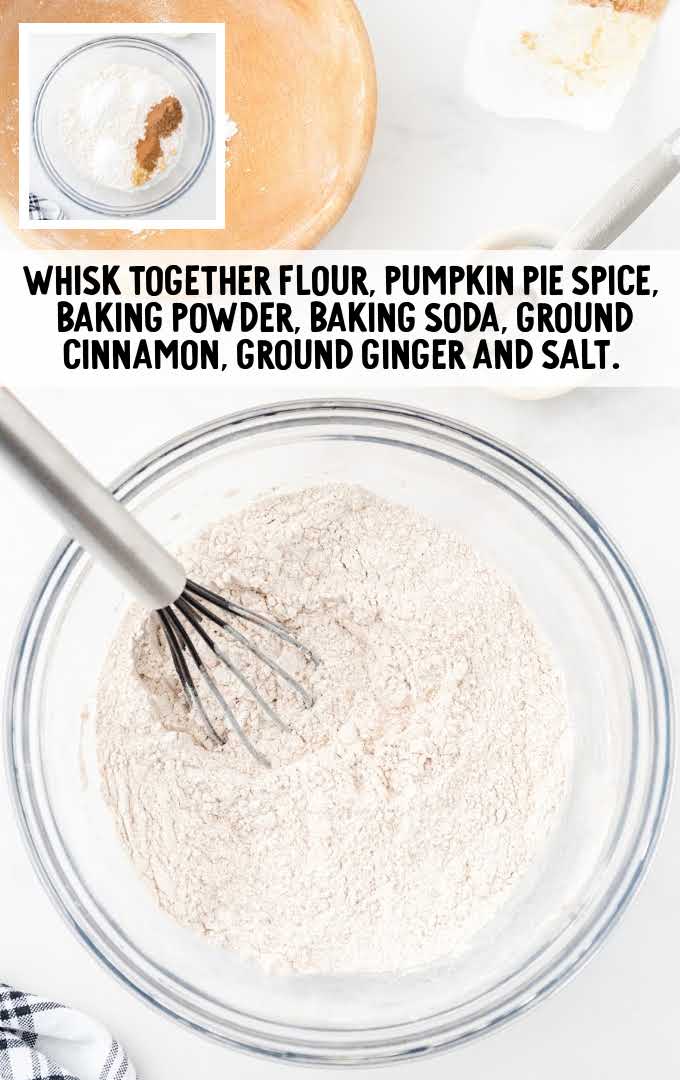 flour, pumpkin pie spice, baking powder, baking soda, ground cinnamon, ginger and salt whisked together 