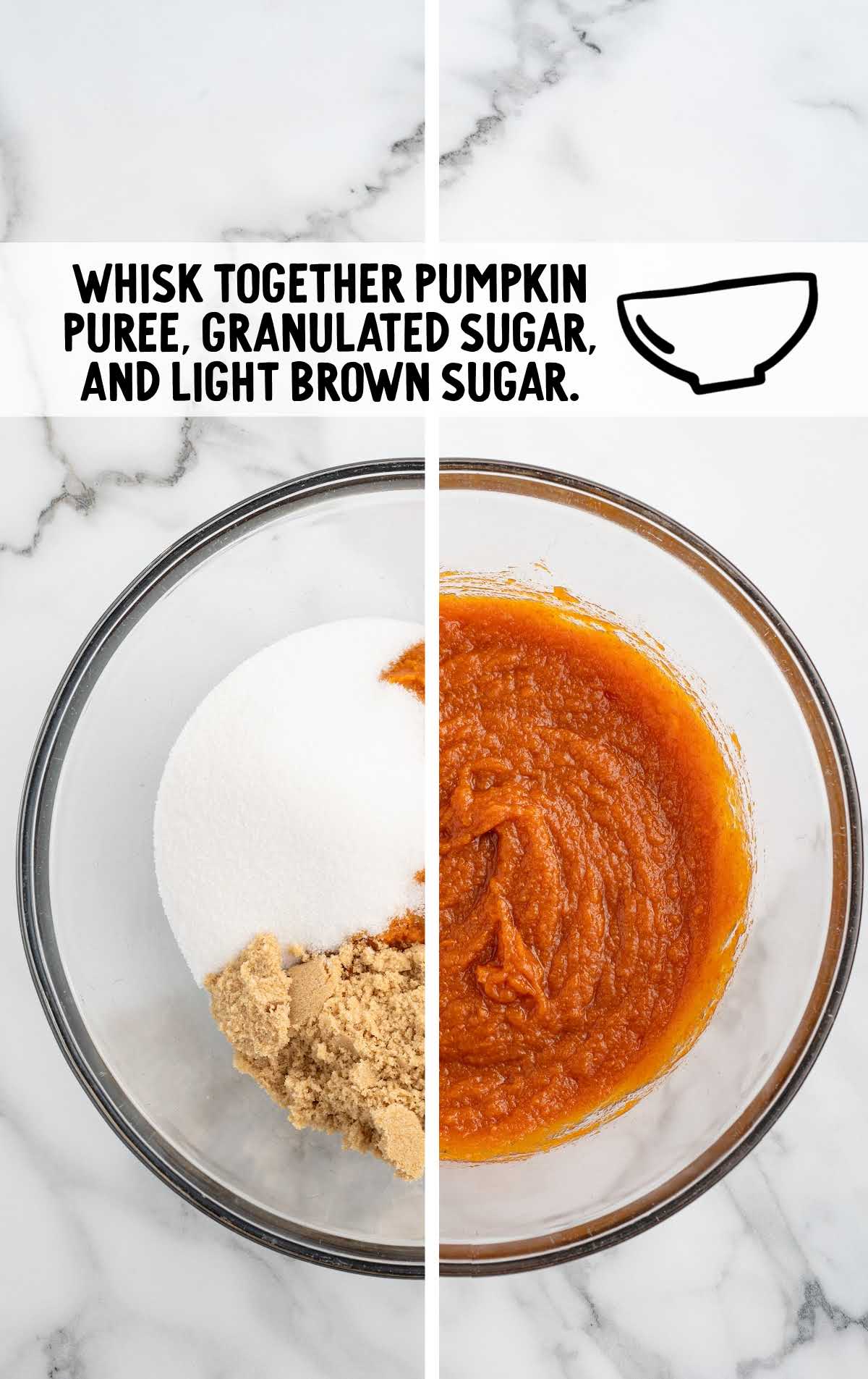 pure pumpkin puree, granulated sugar, and light brown sugar combined in a bowl