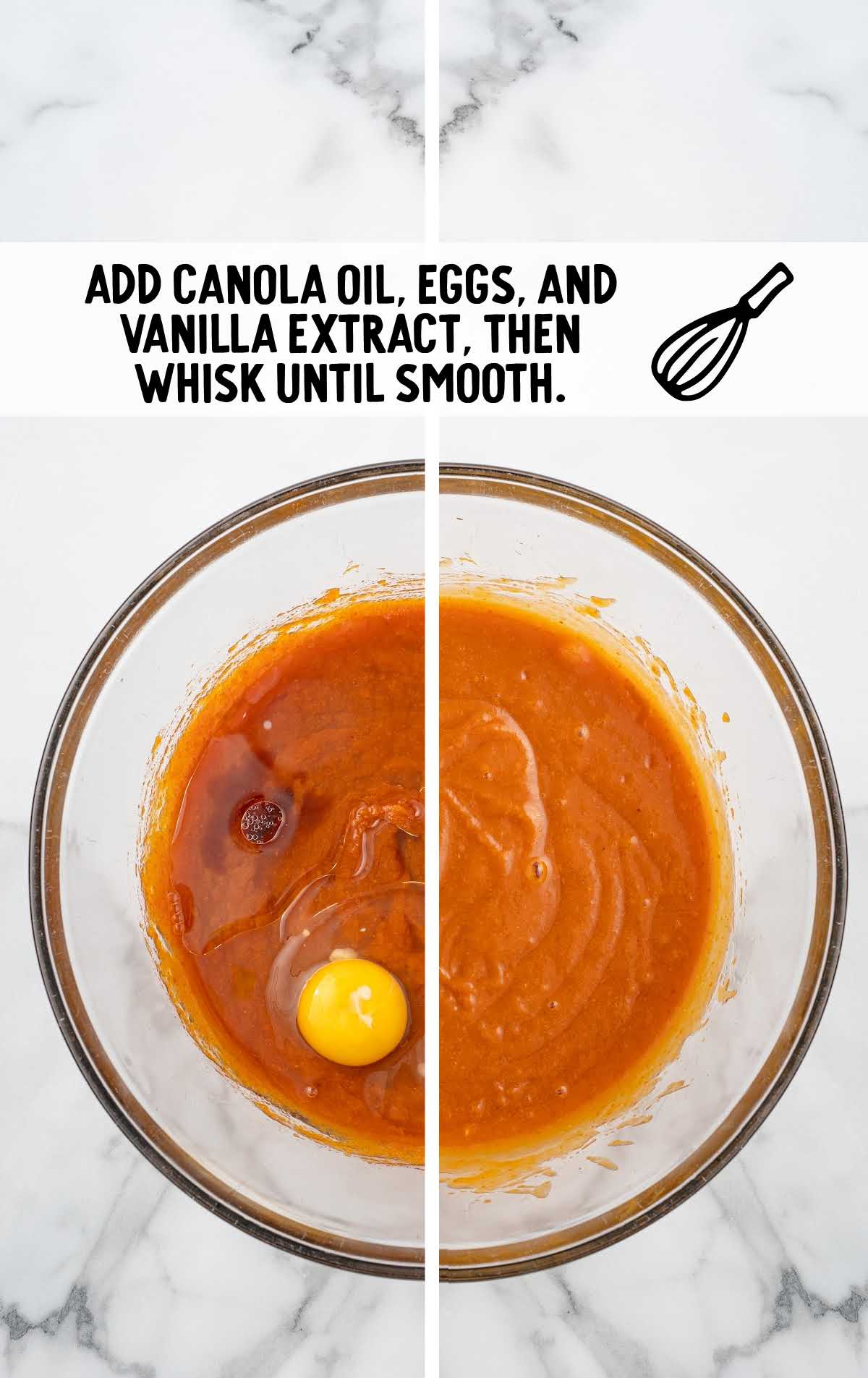 canola oil, eggs, and vanilla extract added to the bowl of wet ingredients