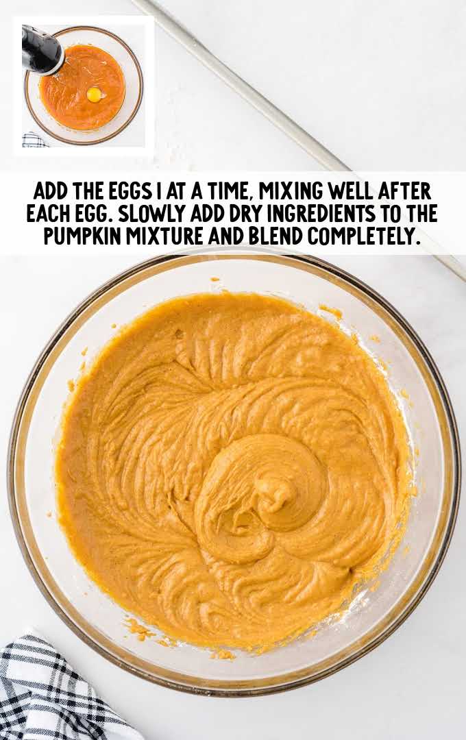 add eggs and slowly add dry ingredients to the pumpkin mixture 