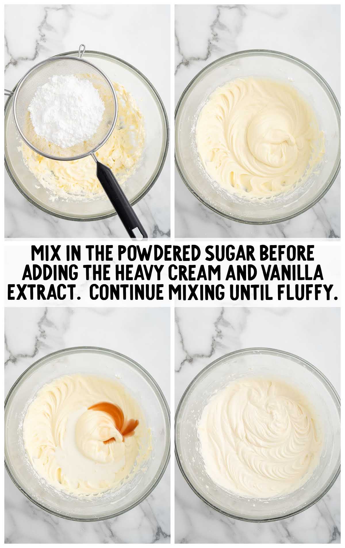 powdered sugar, heavy cream, and vanilla combined into the ingredients in the bowl