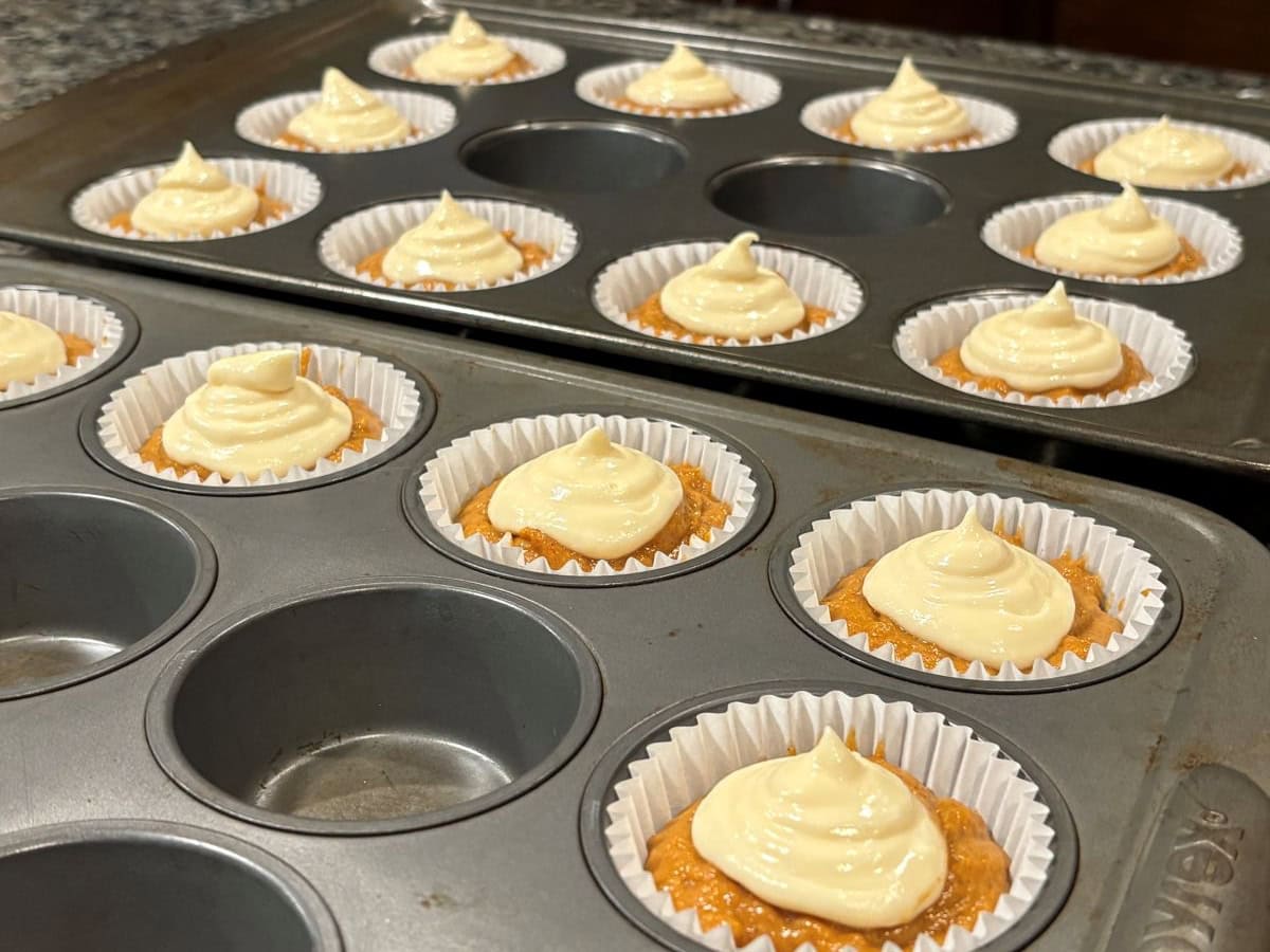 Two muffin trays holding Pumpkin Cream Cheese Muffins in white liners, each topped with a swirl of creamy frosting. Some spaces in the trays are empty. The scene is set on a kitchen counter, making it look like a fresh batch has just been made using a delicious Pumpkin Cream Cheese Muffins Recipe.