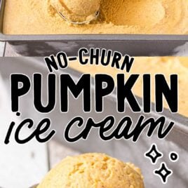 a scoop of pumpkin ice cream in a ice cream scooper and in a pan