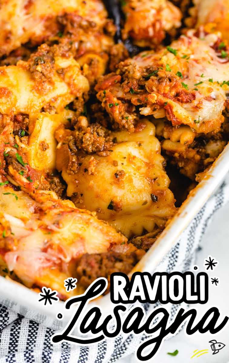 close up shot of Ravioli Lasagna topped with parsley in a baking dish