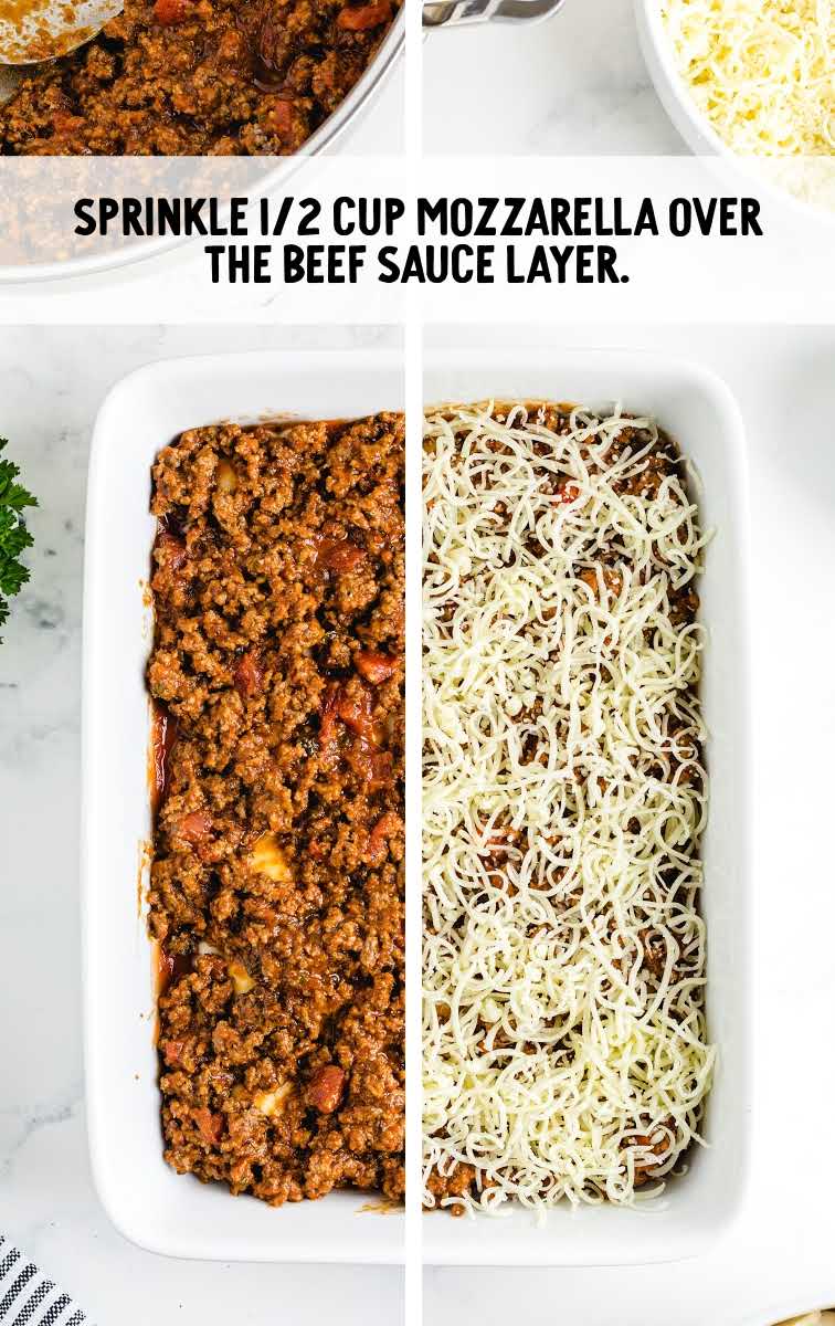 ground beef topped with mozzarella cheese in a baking dish