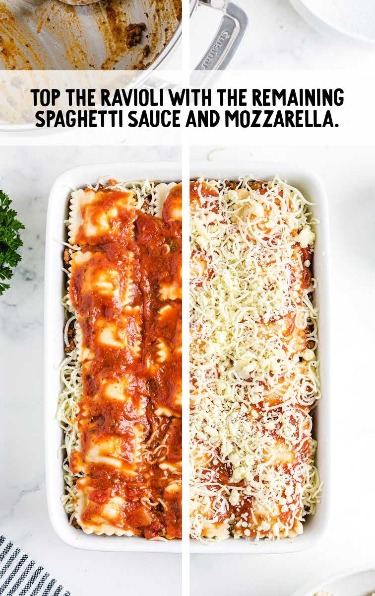spaghetti sauce topped with mozzarella cheese in a baking dish