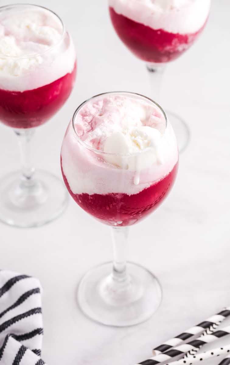 close up shot of glasses of Red Wine Floats with vanilla ice cream on top